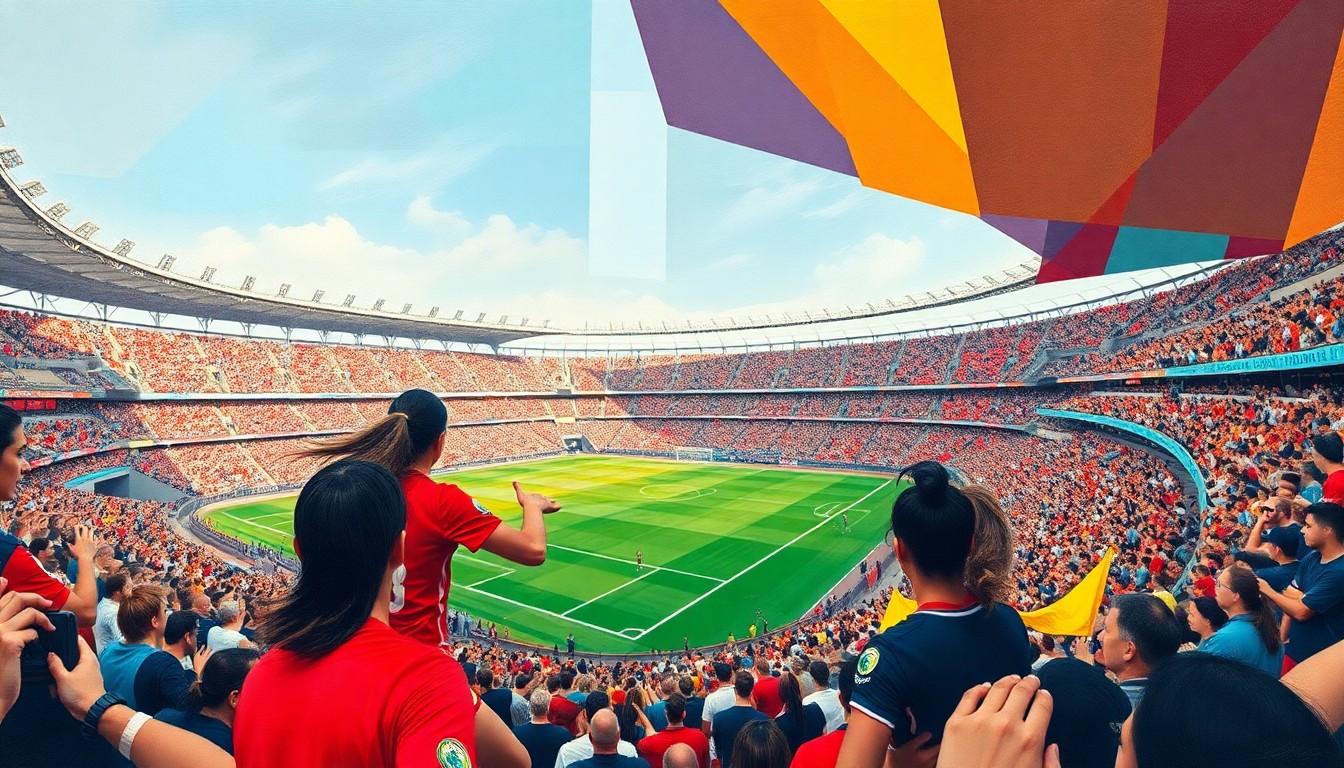 A fragmented, cubist-style painting depicting a women's soccer match, with the players and stadium rendered in sharp, overlapping geometric shapes and planes of vibrant colors, capturing the energy and excitement of the record-breaking crowd.