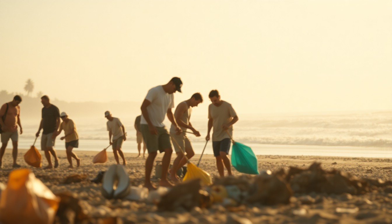 An extremely abstracted, out-of-focus photograph depicting a group of people working together to clean up debris on a beach, with the ocean and palm trees visible in the background. The image is composed of warm, hazy pools of light and color, creating a dreamlike, atmospheric quality.