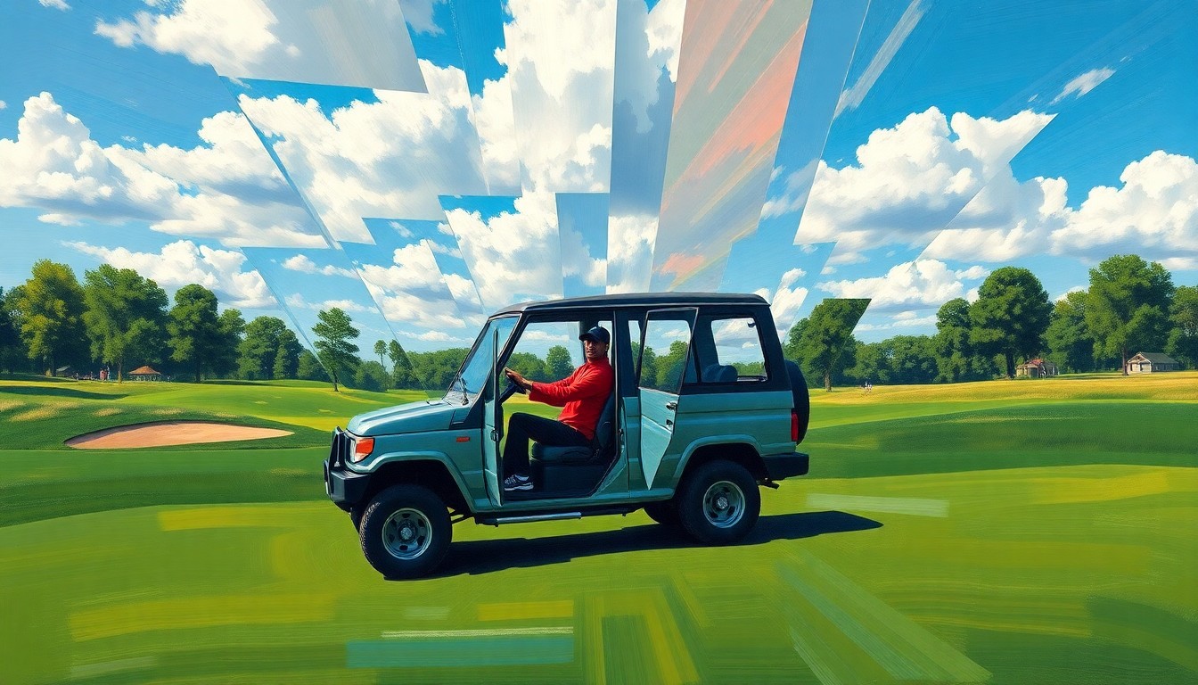 A fragmented, geometric painting depicting a golf course scene with a vehicle in the foreground, broken down into sharp, overlapping planes of color and shape, conveying the complex nature of the legal issues surrounding Tiger Woods' recent car accident.