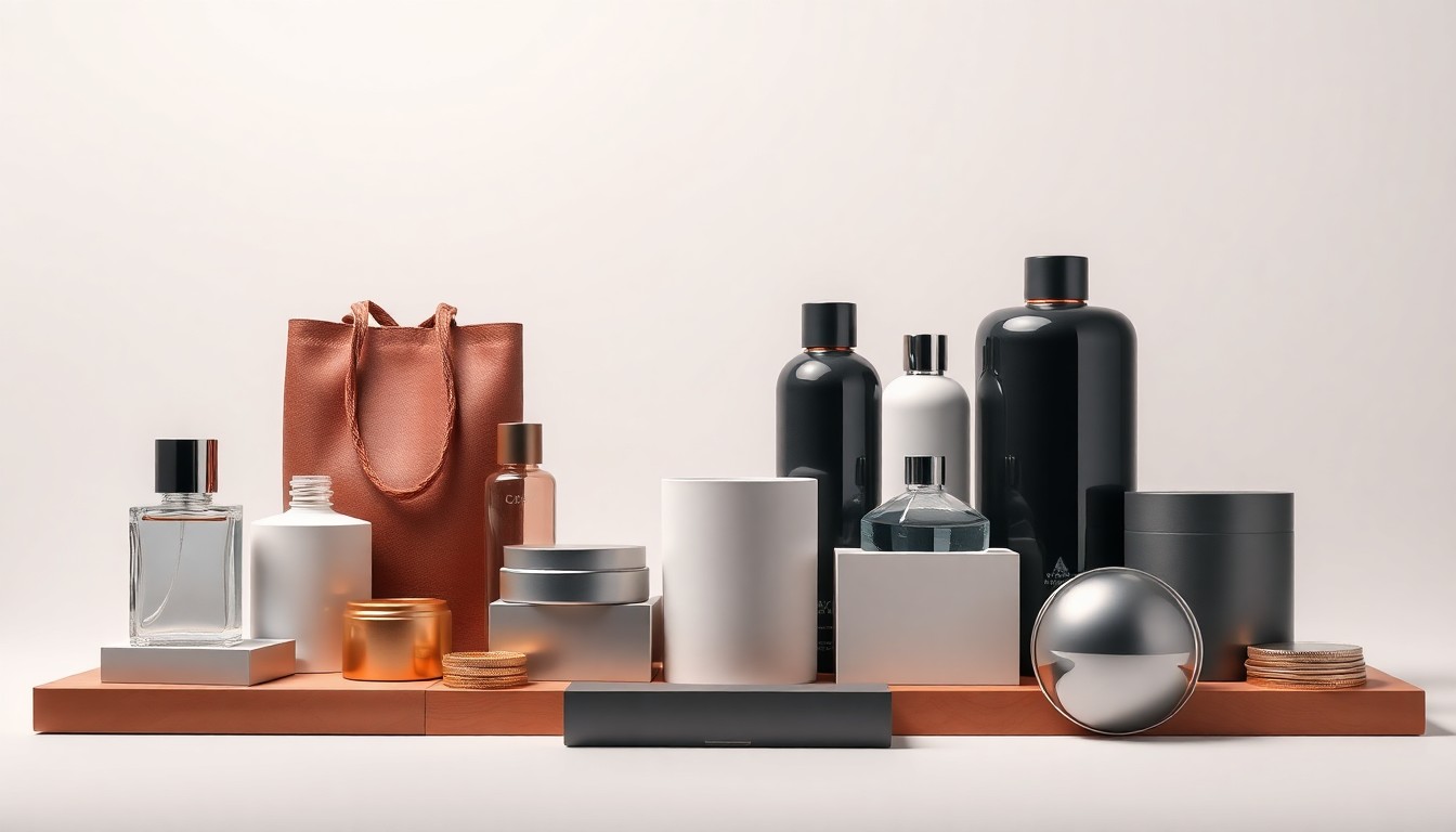 A minimalist studio photograph featuring a carefully arranged collection of premium retail products on a clean, monochromatic background, conveying the abstract concepts of corporate strategy and market performance through the use of polished materials, dramatic lighting, and clean geometric shapes.