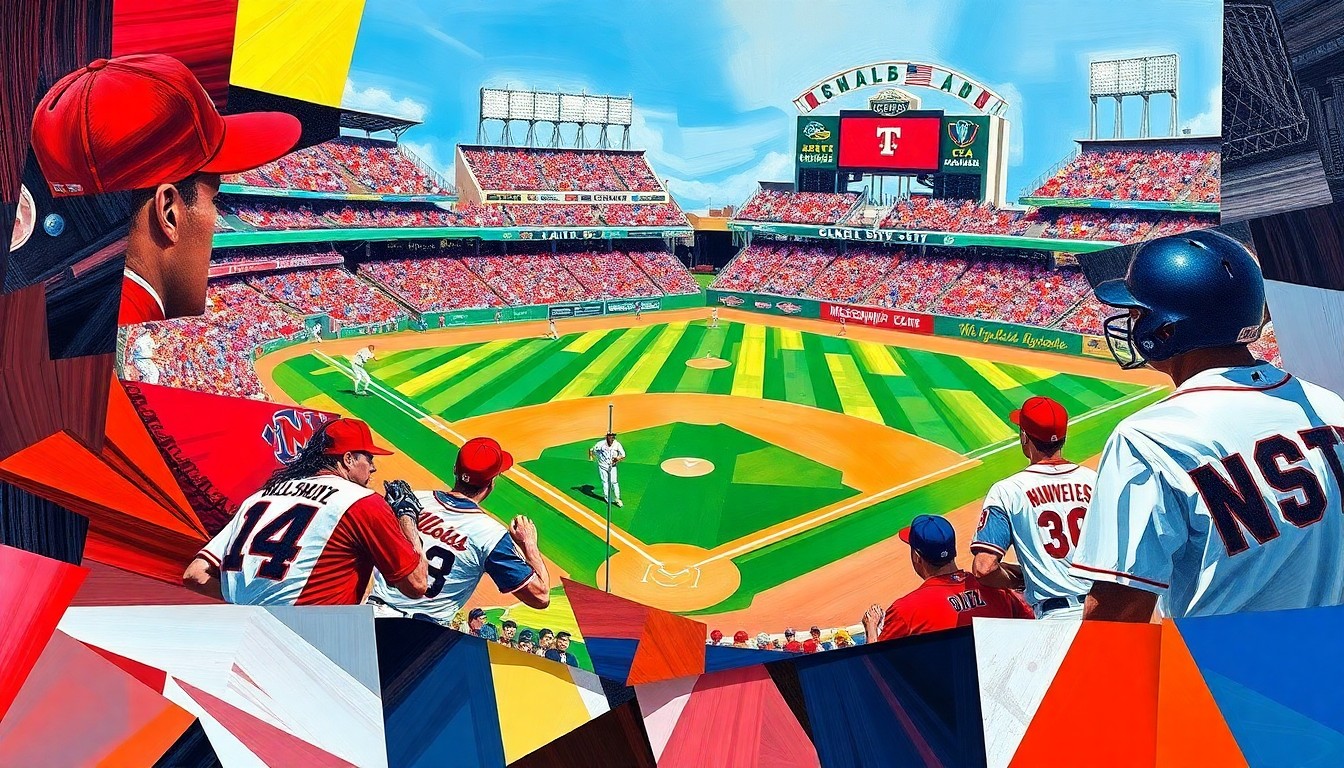 A fractured, geometric painting in bold colors representing a baseball game between two rival teams, with players and the field deconstructed into sharp, overlapping planes.