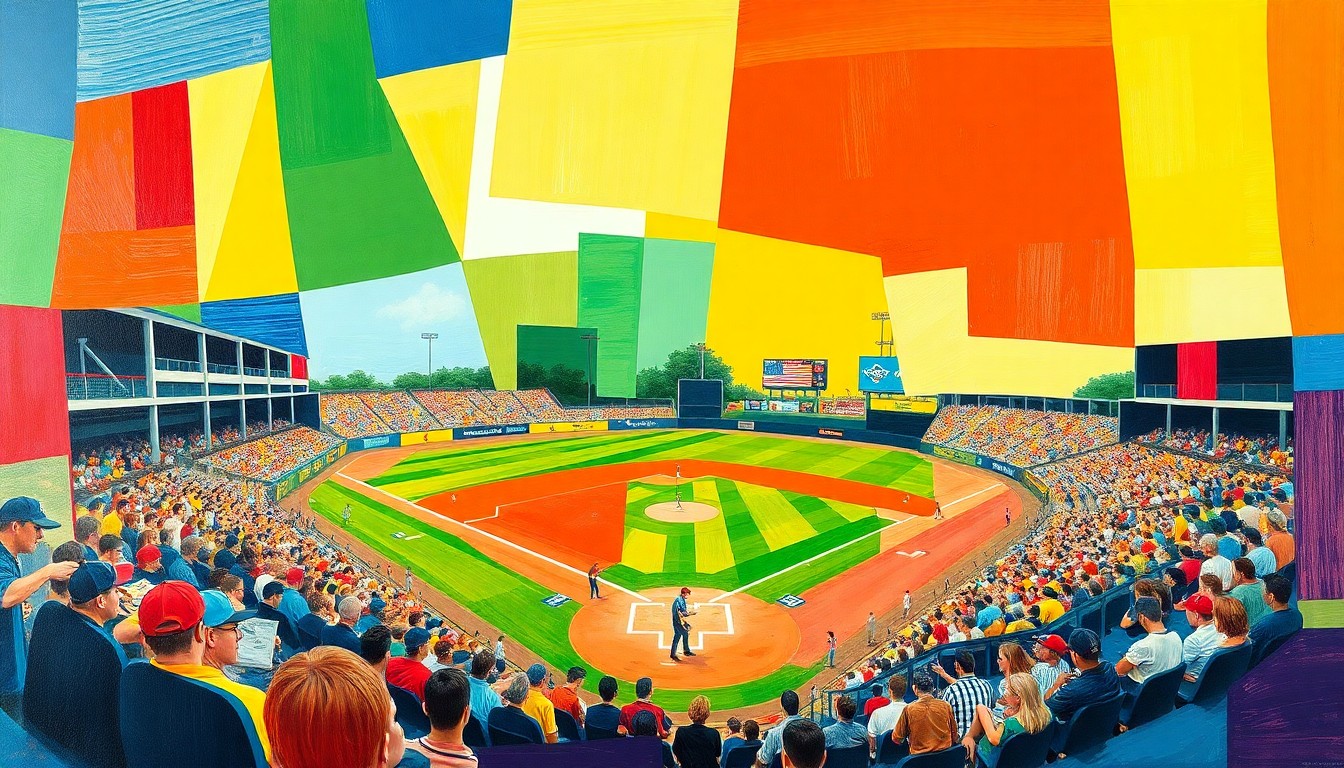 A fragmented, geometric painting in bold primary colors depicting the climactic final plays of a high school baseball game, with overlapping shapes and planes representing the dynamic action on the field.