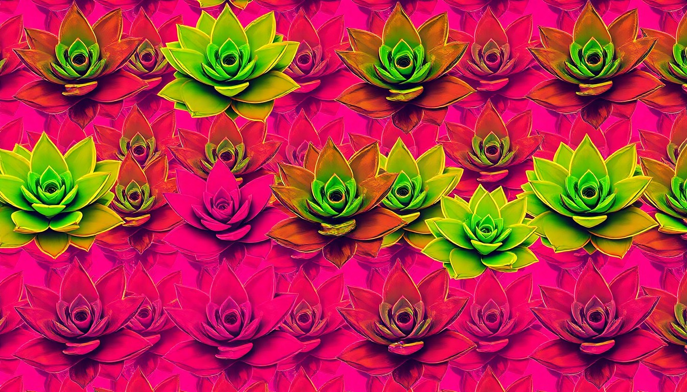 A brightly colored, high-contrast silkscreen-style illustration of a single, iconic succulent plant repeated in a tight grid pattern, using vibrant neon hues and heavy black outlines to transform the everyday houseplant into a modern pop art piece.