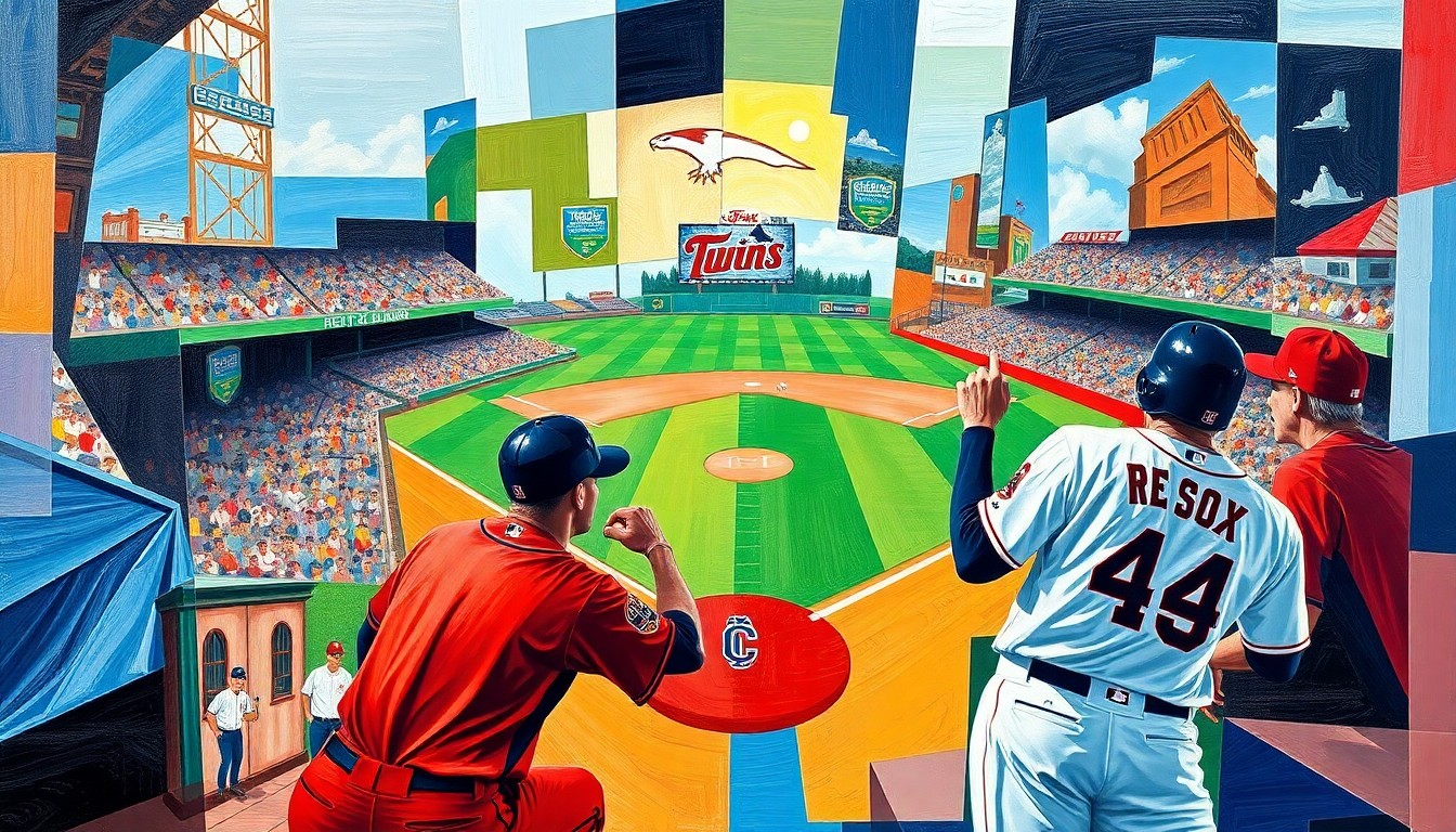 A fragmented, geometric painting depicting a baseball game in motion, with sharp planes of red, blue, and white representing the players and field.