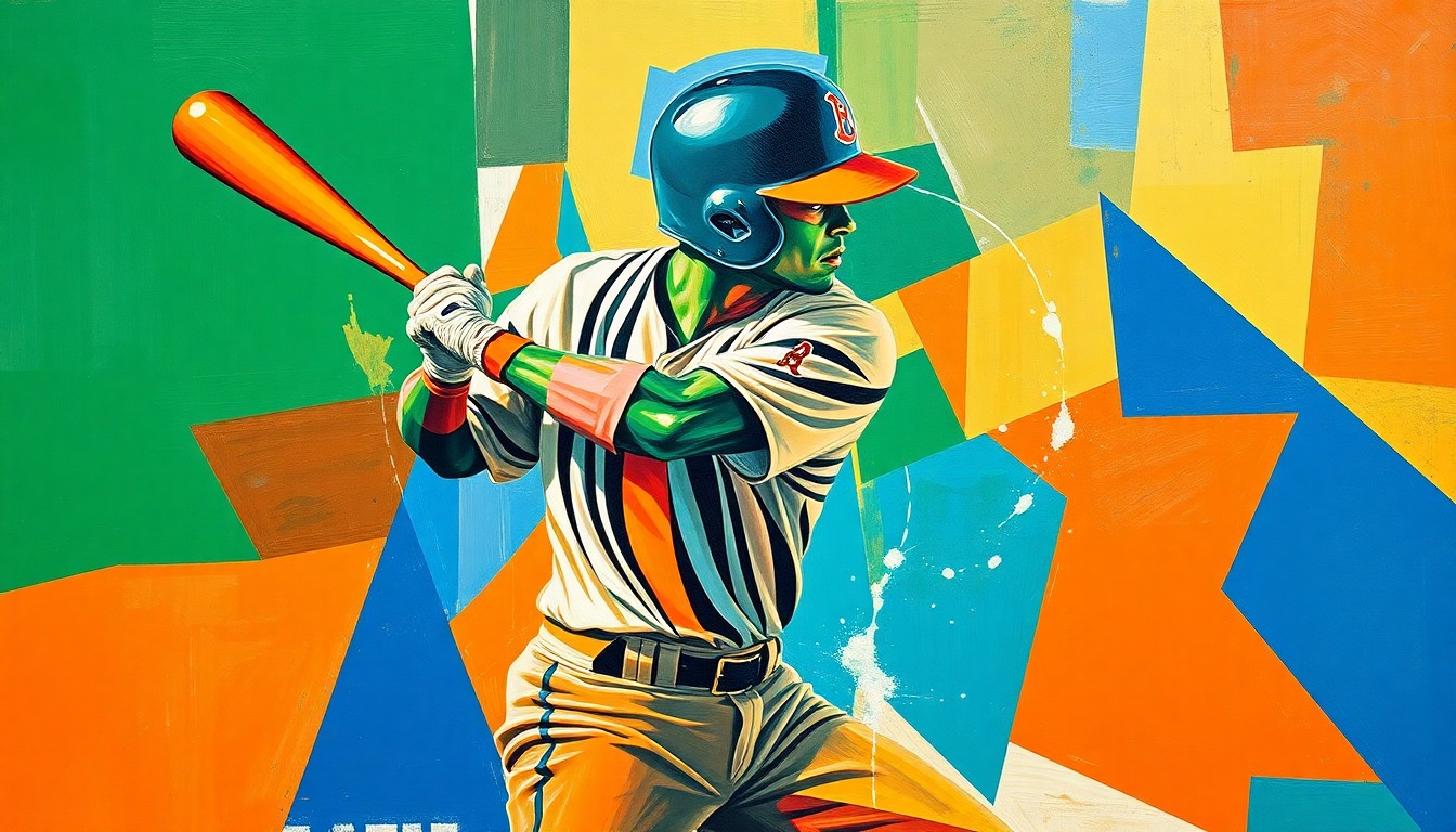A cubist, geometric painting depicting a baseball player's batting motion broken down into sharp, overlapping planes of vibrant green, blue, and orange colors.