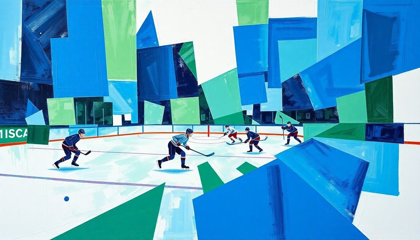 A cubist, geometric painting depicting a hockey game broken down into overlapping planes of blue, green, and white, conveying the chaotic energy and heartbreak of Michigan State's overtime loss.