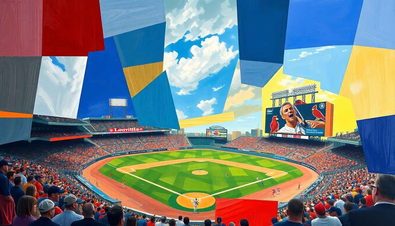 A fragmented, geometric painting depicting a baseball game, with overlapping planes of color and shape representing the ebb and flow of the action on the field.