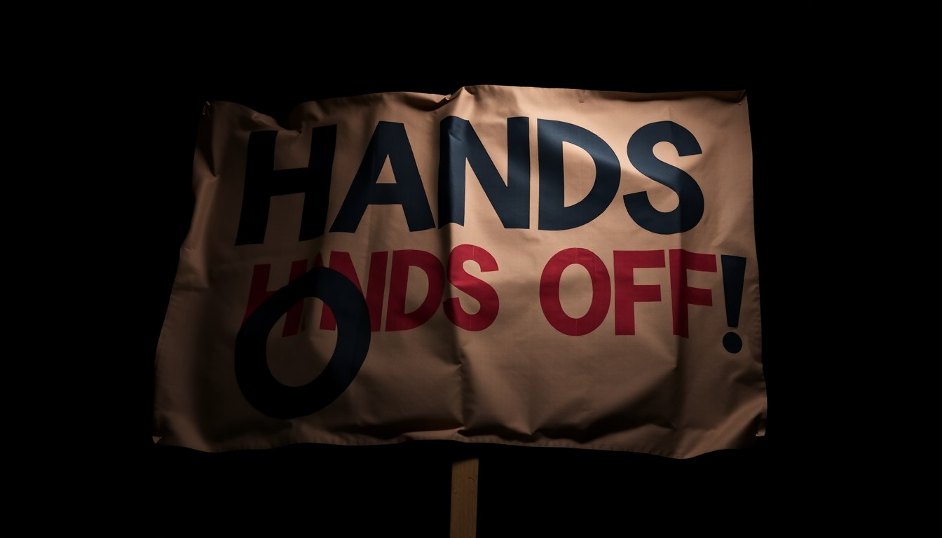 An extreme close-up photograph of a crumpled protest sign with the words 'Hands Off!' in large letters, lit by a harsh, direct camera flash against a pitch-black background, conceptually representing the confrontational nature of the 'No Kings' protests.