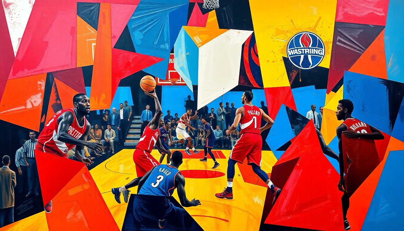 A fractured, multi-perspective painting in bold, vibrant colors depicting the dynamic action of a basketball game, with the players' forms abstracted into sharp, overlapping geometric shapes.