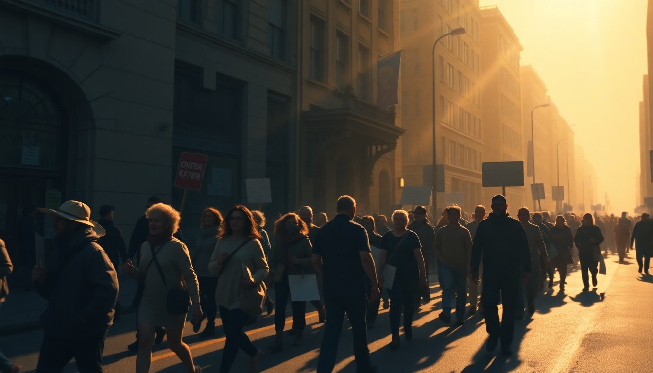 A cinematic painting of a group of protesters marching down a city street, the warm sunlight and deep shadows creating a contemplative, nostalgic mood.