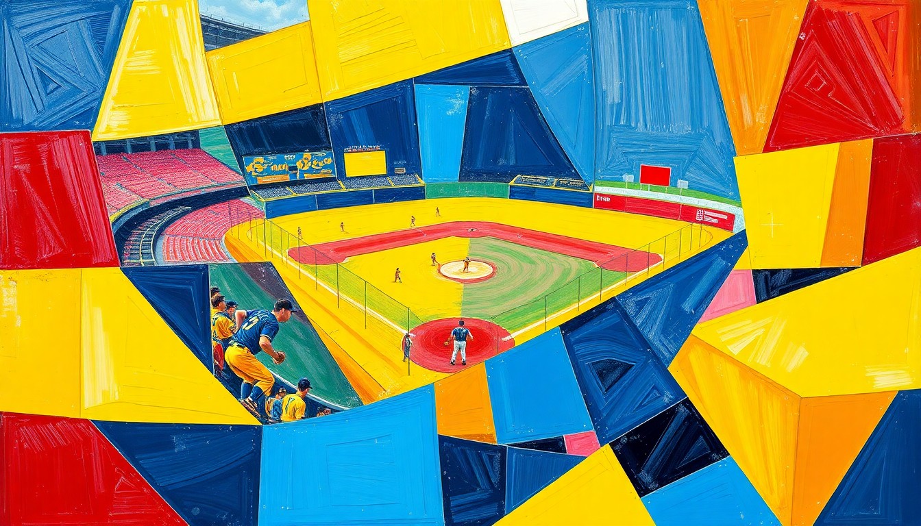 A cubist, geometric painting depicting a high school baseball game broken down into overlapping planes of bright colors like navy, gold, and red, conveying the dynamic energy and competition of the sport.