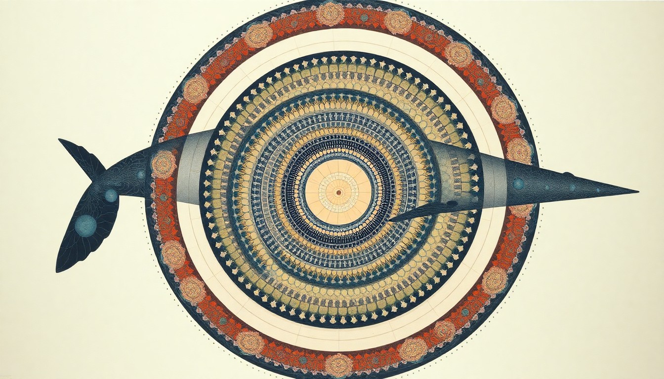 A highly textured, abstract painting in soft blues, greens, and grays, featuring sweeping geometric shapes and precise botanical spirals that conceptually represent the intricate natural forces at play during a sperm whale birth.