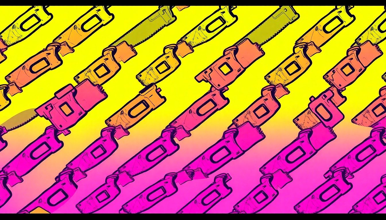 A vibrant silkscreen print featuring a repeated image of a woodworking tool like a saw or hammer, rendered in a high-contrast pop art style with bold, unnatural colors and heavy black outlines, conceptually representing the revival of shop class in Pennsylvania schools.