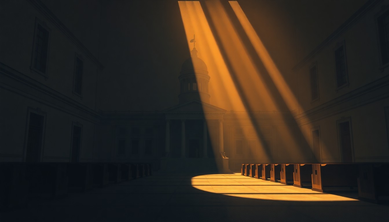 A serene, cinematic painting of a state capitol building or legislative chamber, with the structure bathed in warm, diagonal sunlight and deep shadows, conveying a sense of political tension and uncertainty.