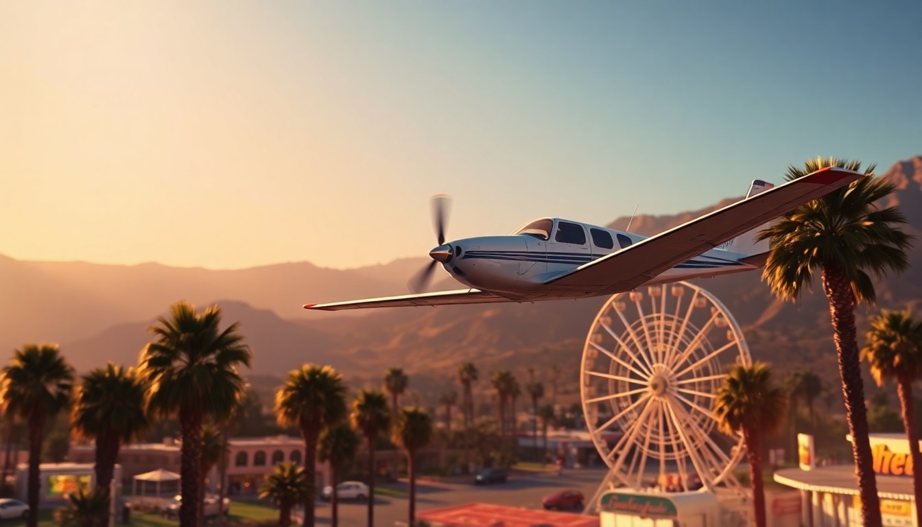 A serene, cinematic painting depicting a small private plane flying over the iconic Ferris wheel and palm trees of the Coachella Valley, with the scene bathed in warm, diagonal sunlight and deep shadows, conveying a sense of quiet contemplation about the need for increased airspace security at large outdoor events.