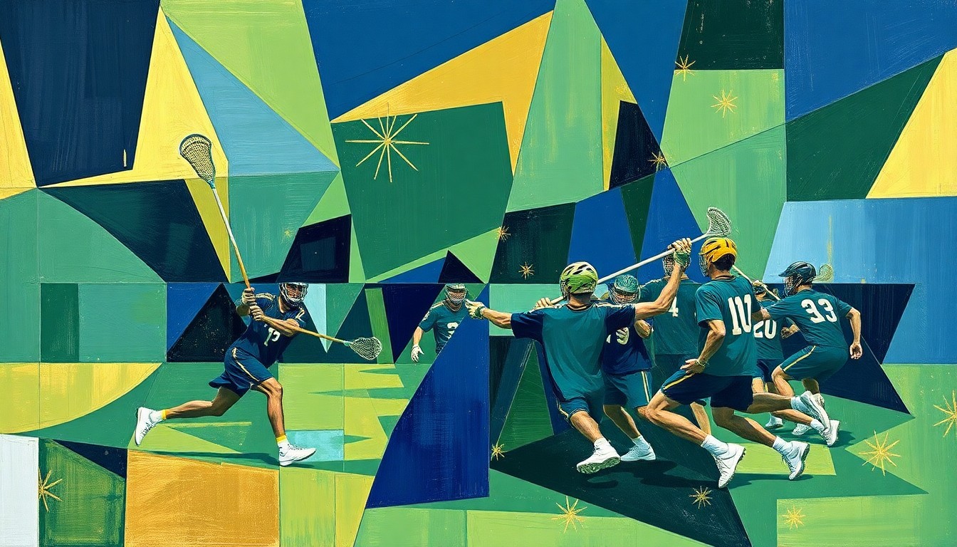 A cubist, geometric painting depicting a lacrosse game broken down into overlapping planes of navy, green, and gold, capturing the dynamic action of the sport.