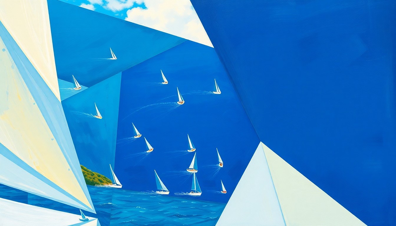 A cubist, geometric painting depicting a sailing regatta, with overlapping planes of blue ocean, white sails, and green landscape, capturing the dynamic energy and multi-perspective nature of the event.