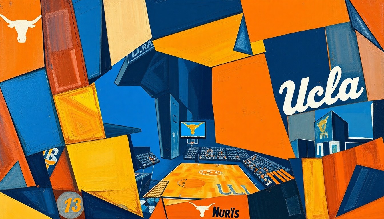 A cubist, geometric painting depicting a basketball game between two teams, with sharp, overlapping planes of color representing the dynamic action on the court.