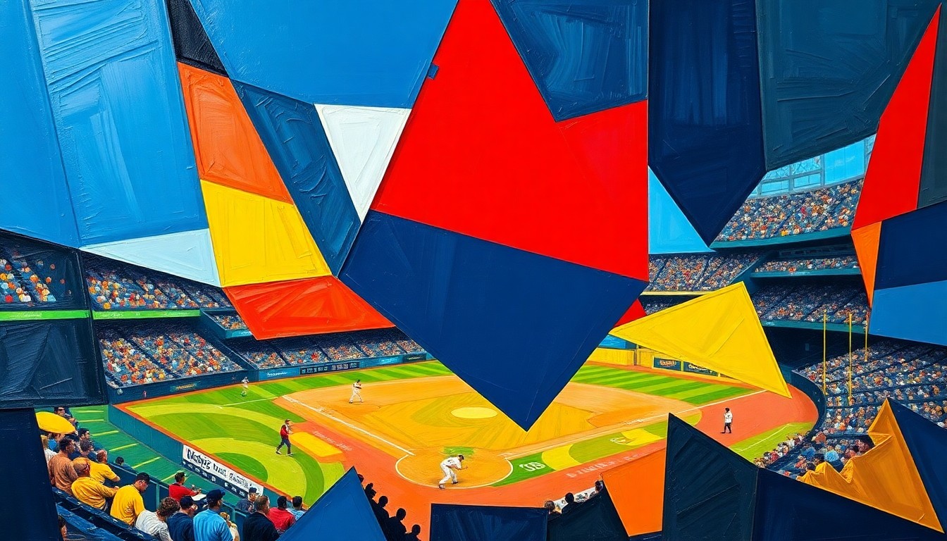 A fragmented, multi-angled painting depicting a baseball game in progress, with sharp planes of color and overlapping shapes representing the players, field, and action, conveying the raw intensity of the sport.
