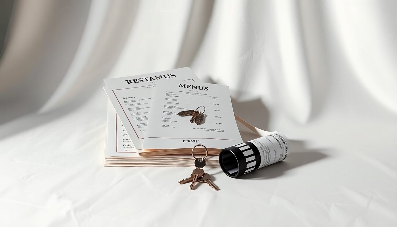 A photorealistic studio still life featuring a stack of restaurant menus, a set of keys, and a rolled-up film permit, arranged elegantly on a clean, monochromatic background to symbolize urban economic policy and small business support.