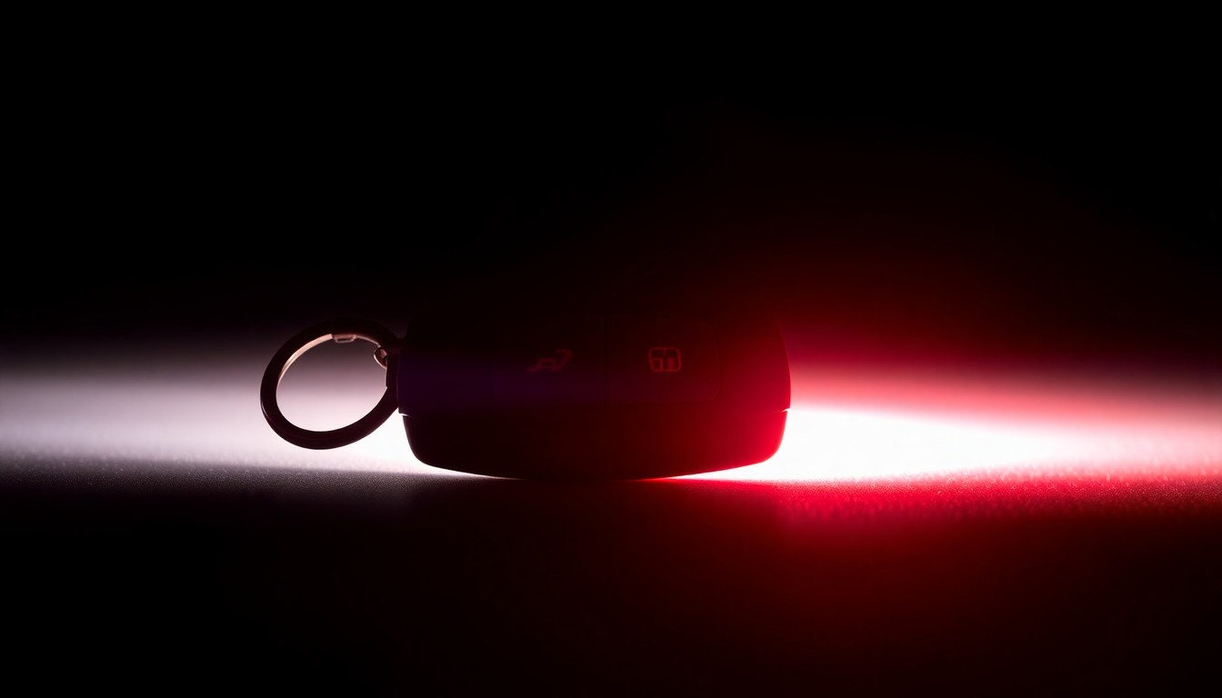 An extreme close-up photograph of a car key fob reflecting a faint red light, conceptually illustrating the serious dangers of drunk driving.