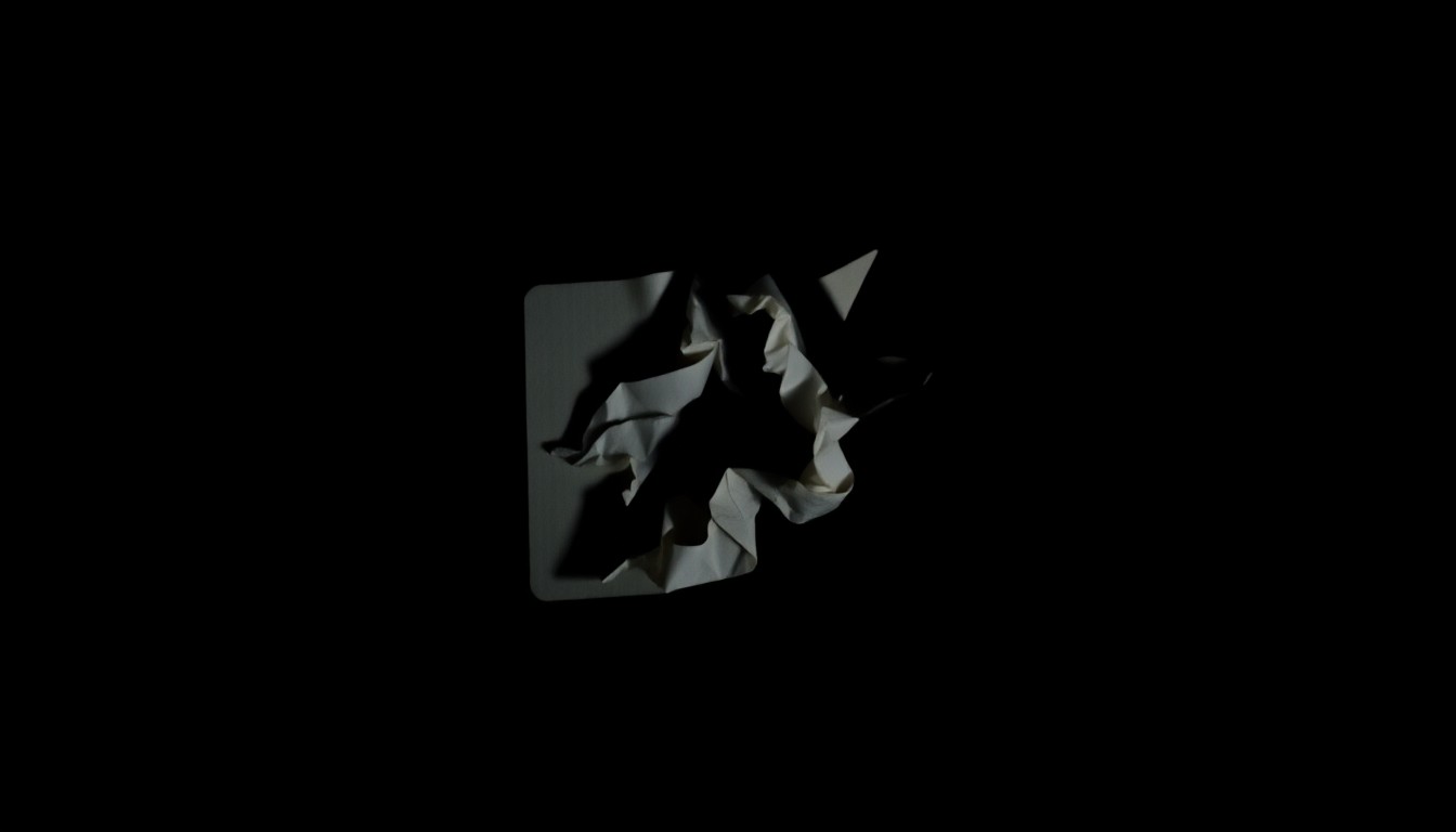 An extreme close-up photograph of a crumpled credit card or personal item against a pitch-black background, lit by a harsh, direct camera flash to create a stark, gritty, investigative aesthetic.