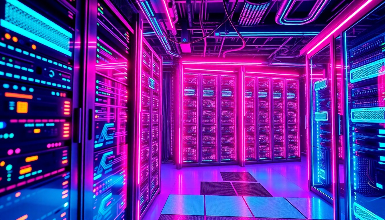 A highly detailed, glowing 3D illustration of a futuristic, neon-lit server rack or data center infrastructure, representing the advanced technology powering Slicon Systems' global app development capabilities.