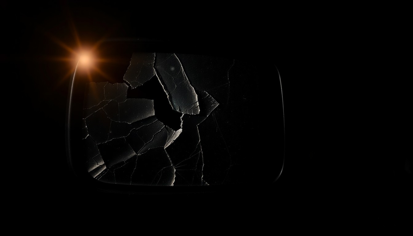An extreme close-up photograph of a cracked and dented side mirror from a pickup truck, conveying the gritty, investigative nature of the incident through dramatic lighting and shallow depth of field.