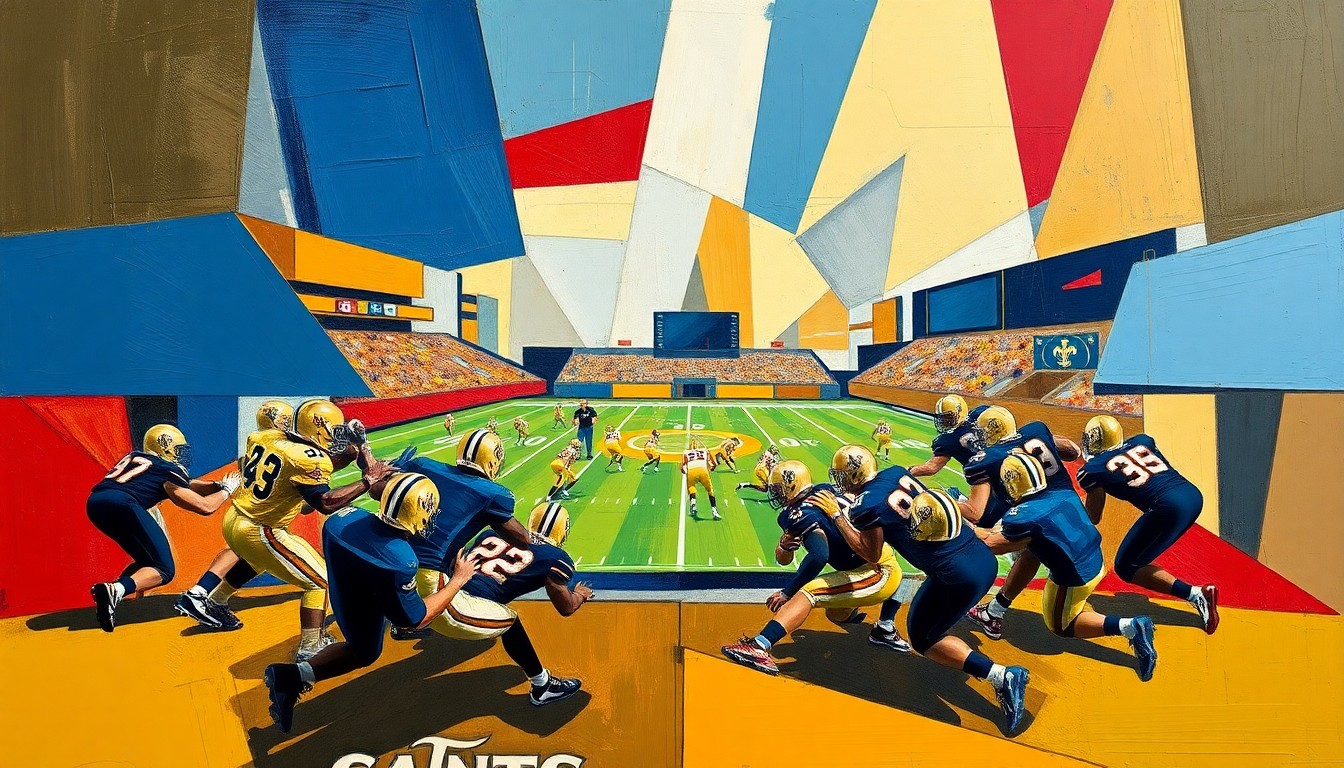 A fractured, geometric painting depicting a Saints football game or practice, with sharp planes of navy blue, gold, and crimson overlapping to create a dynamic, abstract visual representation of the team's offseason challenges and opportunities.
