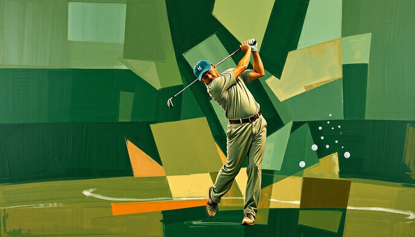 A cubist, geometric painting depicting the fragmented motion of a golfer's swing, rendered in earthy tones of green, brown, and grey, conveying a sense of the complex personal and legal issues surrounding Tiger Woods' recent DUI arrest.