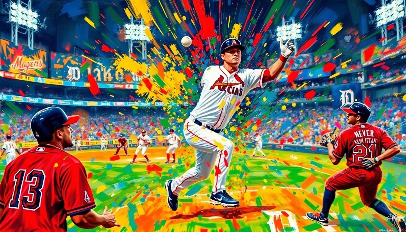 An abstract, expressionist painting in vibrant neon colors capturing the dynamic energy and motion of a baseball game, with players' forms and equipment dissolving into colorful brushstrokes.