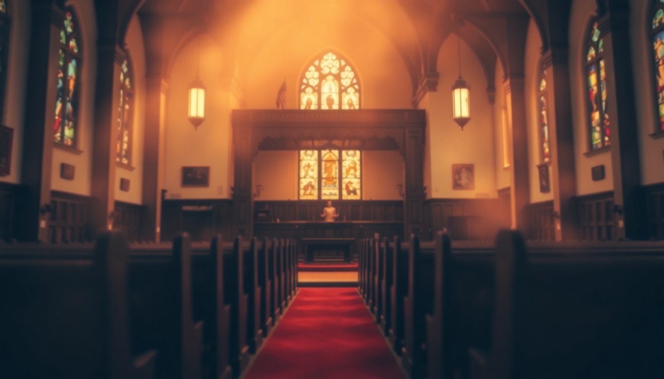 An abstract, out-of-focus photograph in soft, warm tones depicting the interior of a church, with blurred pews, stained glass windows, and a choir loft, conveying a sense of reverence and community.