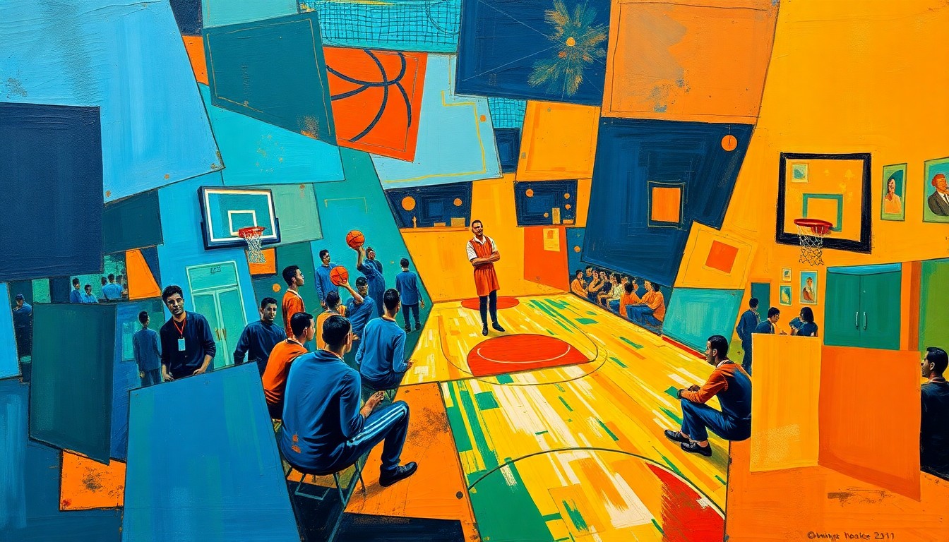 A cubist, geometric painting depicting fragmented, overlapping scenes of a basketball game or coaching staff, using bold colors and angular shapes to capture the dynamic energy of the sport.