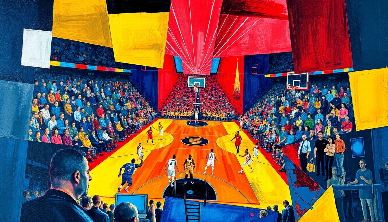 A cubist, geometric painting depicting the basketball championship game, with fragmented, overlapping shapes and planes of players, the court, and the crowd, rendered in vibrant colors like blue, red, and yellow.