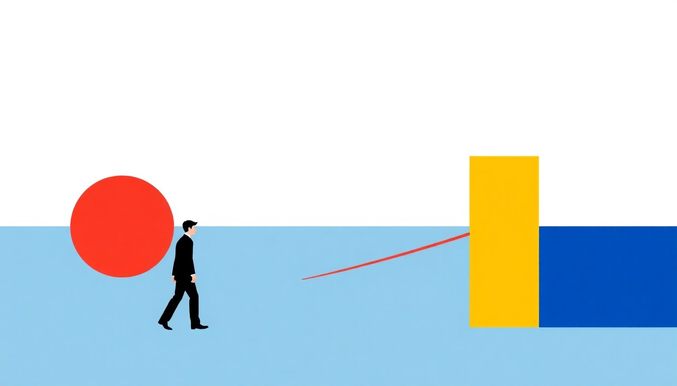 A minimalist illustration featuring overlapping triangles and rectangles in shades of blue, yellow, and red, conceptually representing the instability and unpredictability of the current economic landscape.