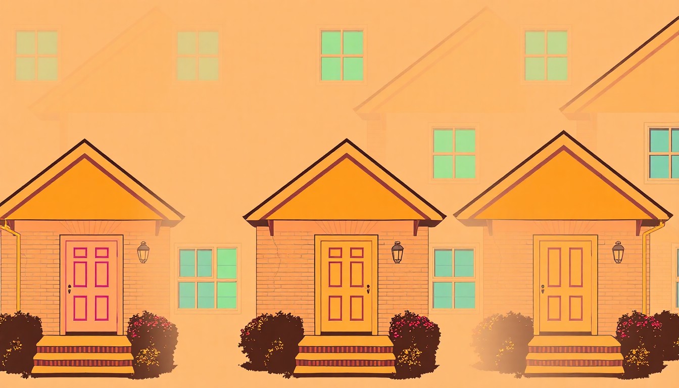 A highly stylized, abstract illustration of a residential home exterior, rendered in a bold, neon color palette and silkscreen pop art style, conceptually representing the newly renovated property.