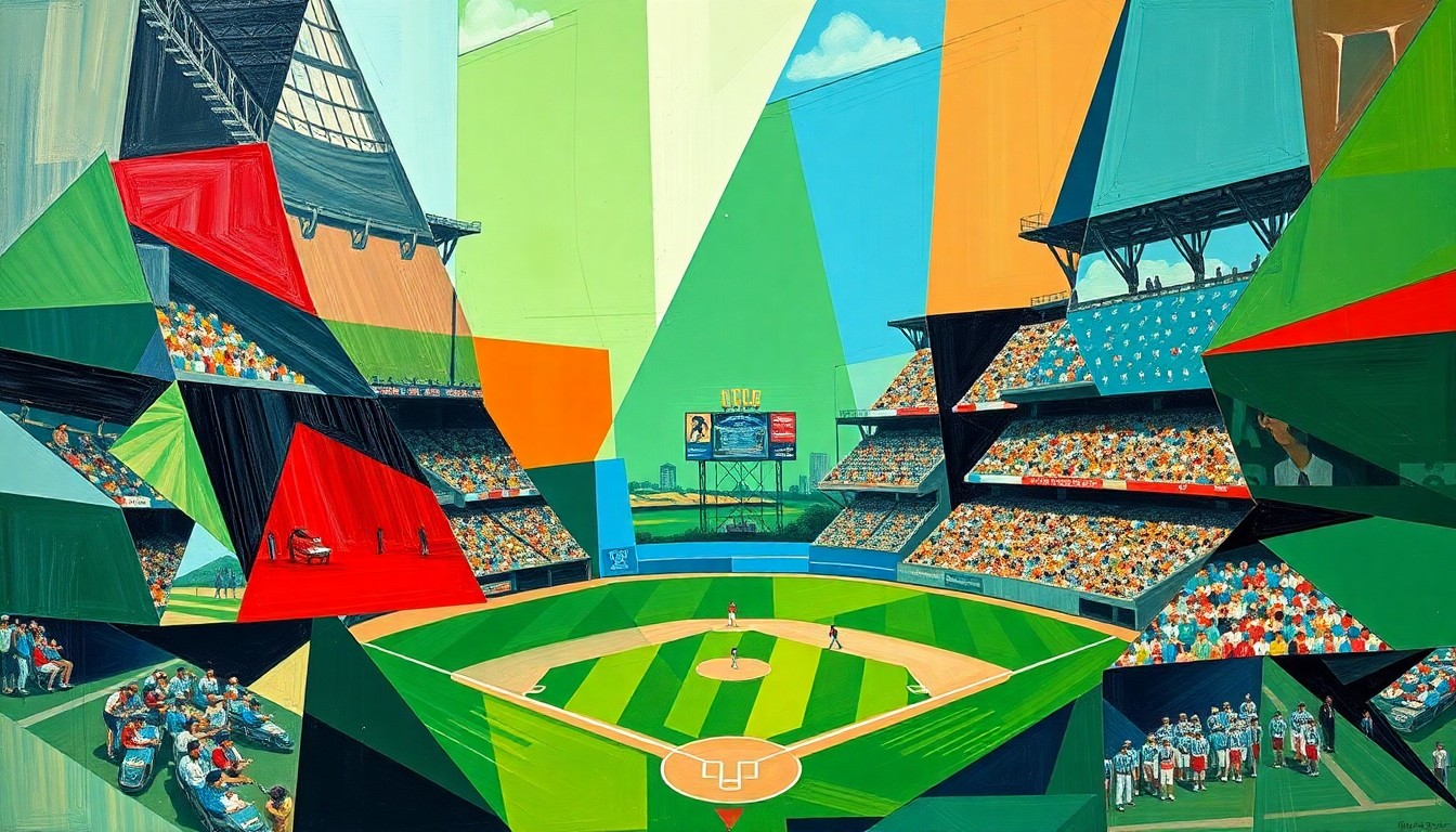 A vibrant, fragmented painting featuring overlapping geometric shapes in shades of green, blue, and red, conceptually representing the dynamic action of a baseball game.