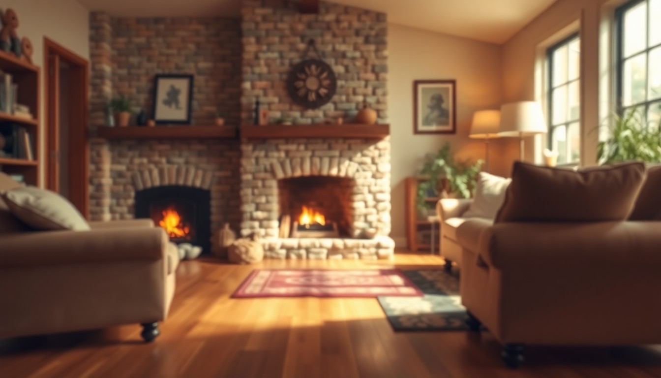 An extremely abstracted, out-of-focus photograph in warm, hazy tones depicting a cozy living room with a wood-burning fireplace, hardwood floors, and plush furniture, conceptually illustrating the vintage charm and modern comforts of the home.