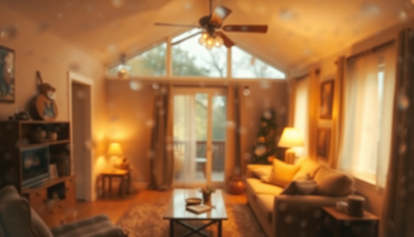 An abstract, out-of-focus scene of a cozy interior with soft, warm lighting and textures, conceptually representing the comfortable living space of the family home.