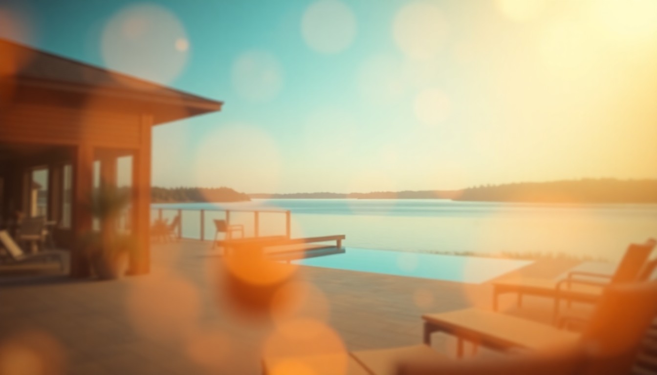 An abstract, impressionistic photograph in soft focus, depicting the blurred outlines of a lakefront home, pool, and dock under a warm, hazy light.