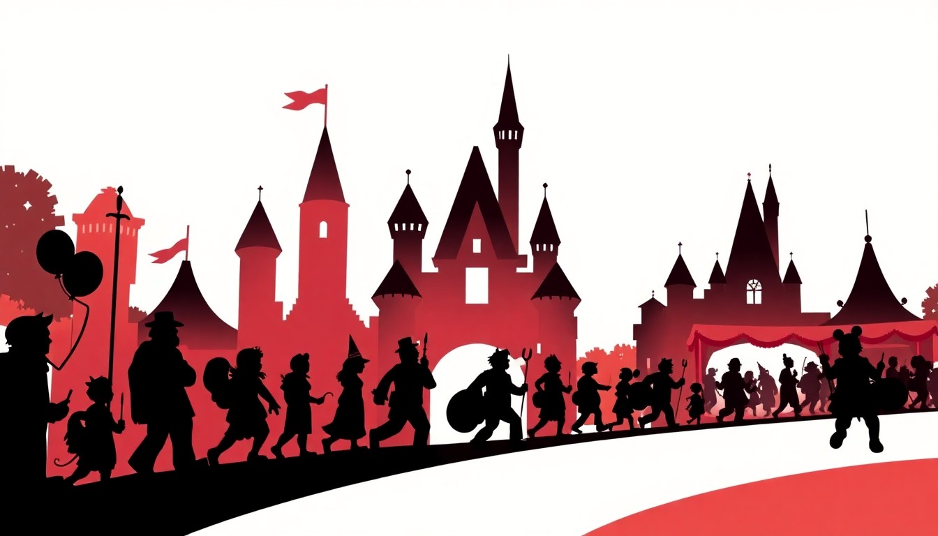 A minimalist, graphic illustration using bold black shapes and bright red and white colors to abstractly represent the iconic Disney characters, parades, and nighttime shows that will be featured at the Disneyland 50th anniversary celebration.