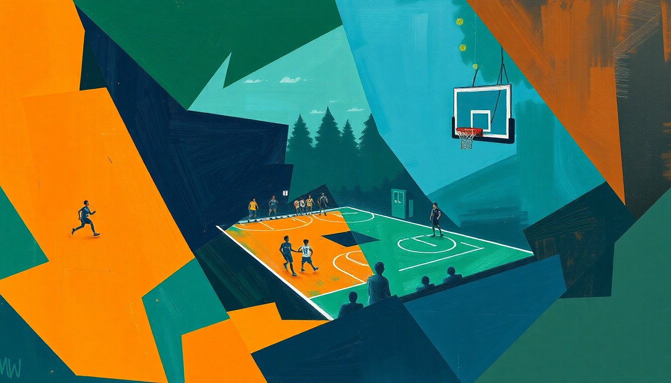A cubist-style painting featuring fragmented geometric shapes and planes in navy, green, and orange hues, conceptually representing the dynamic action and energy of a high school basketball game.