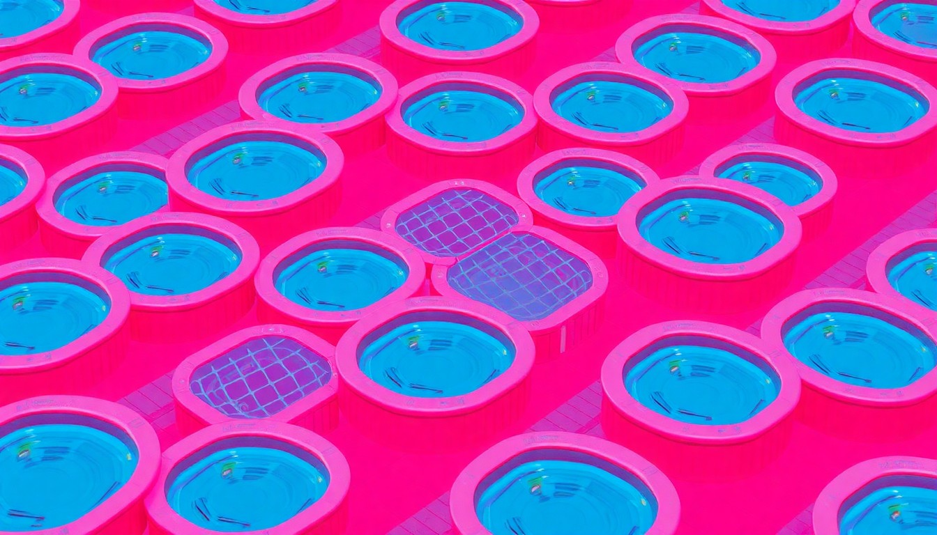 A highly stylized, abstract grid of brightly colored hot tub images in neon shades of blue, pink, and yellow, conceptually representing the modern lifestyle features of the home.