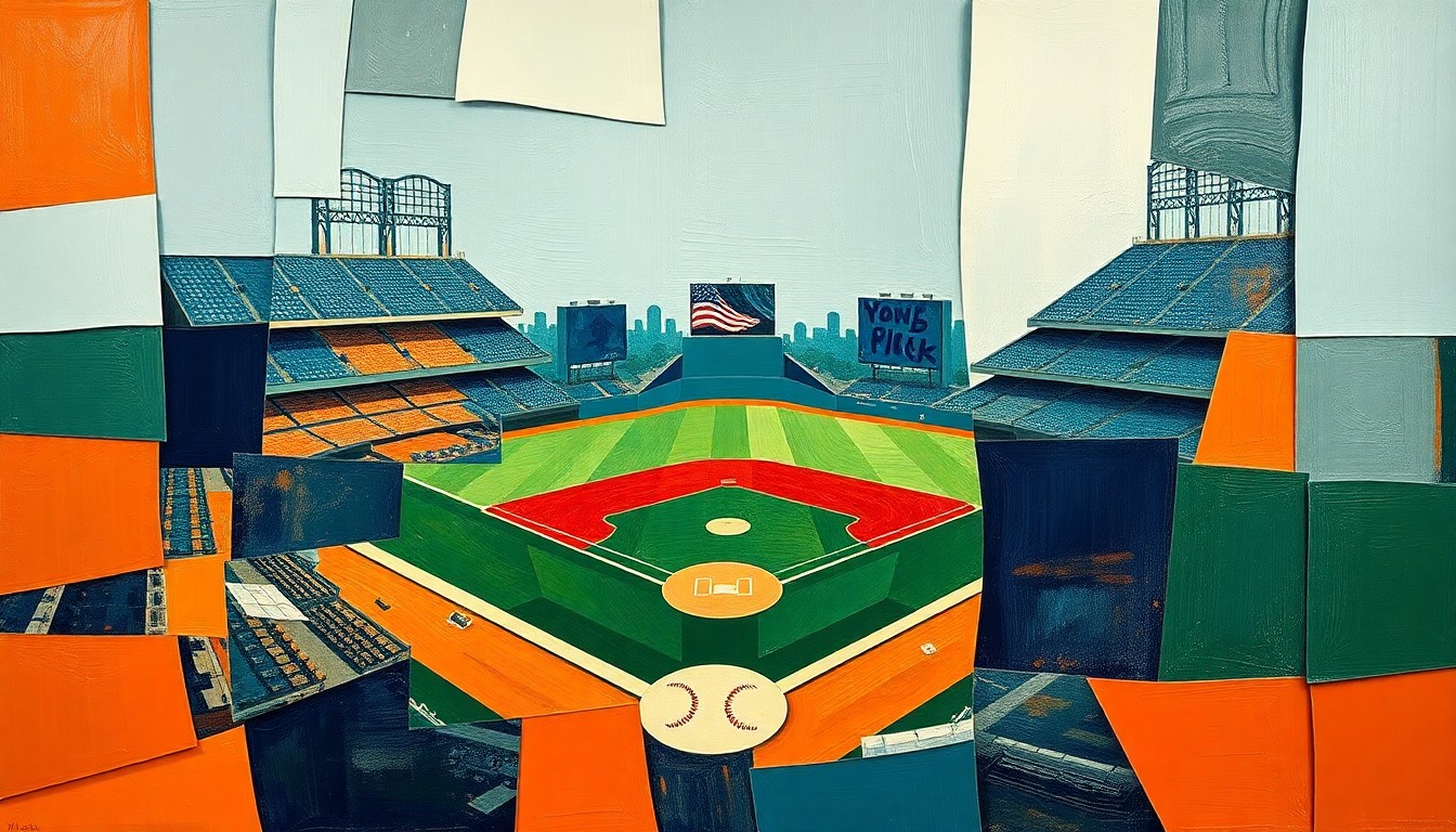 A cubist, geometric painting depicting a baseball game broken down into overlapping planes of navy, green, and orange, conveying the dynamic energy and tension of the game-winning play.