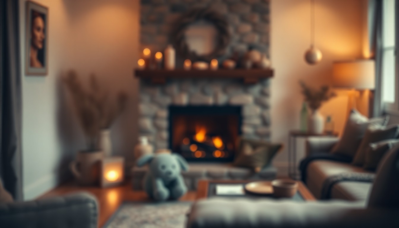 A softly blurred, atmospheric photograph of a cozy living room with a fireplace, warm lighting, and hints of lifestyle details, conveying a sense of comfort and relaxation.