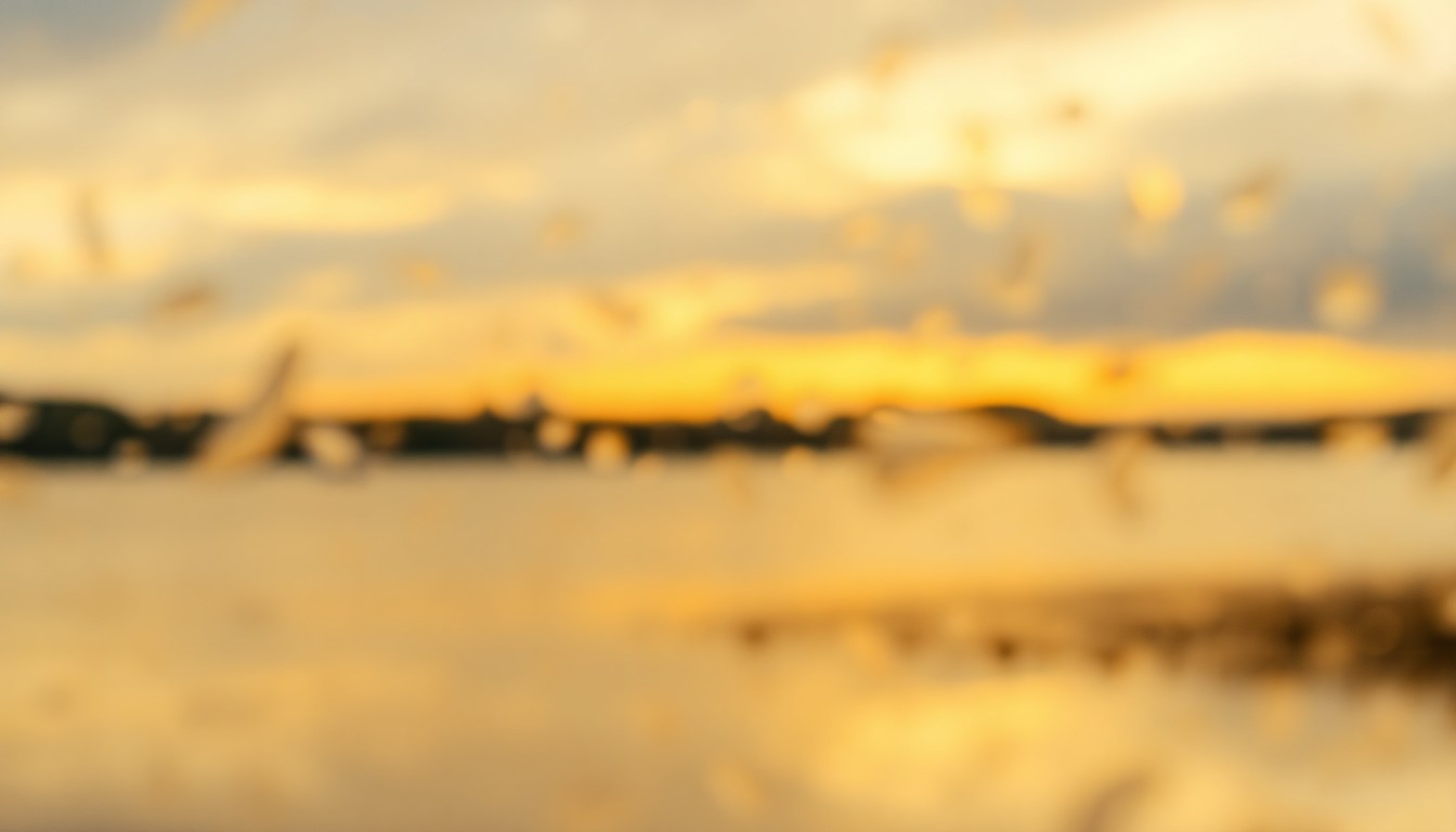 An abstract, impressionistic scene of a lakeside landscape, with soft, blurred brushstrokes of warm golden and amber hues creating a sense of peaceful solitude.