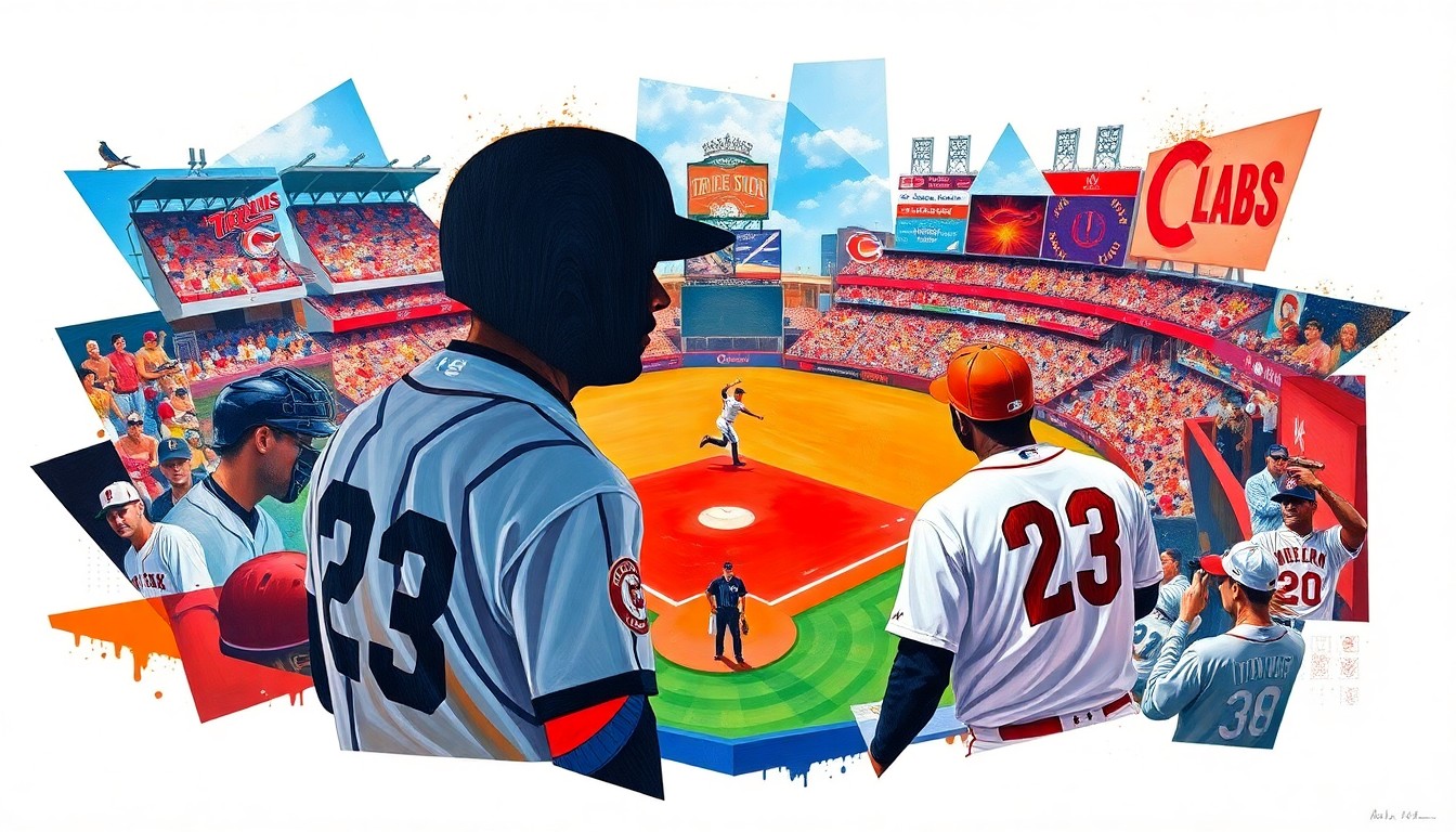 A cubist, geometric painting depicting a baseball game, with fragmented shapes and planes of red, blue, and white representing the players, umpire, and strike zone. The composition conveys the chaotic and contentious nature of the game.