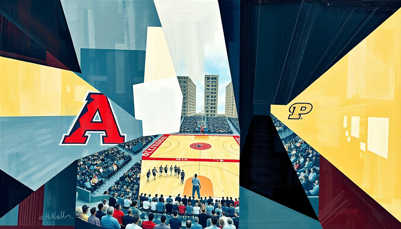 A fragmented, multi-angled painting depicting the dynamic movements and energy of a college basketball game, with sharp planes of color and form representing the competitive clash between the two teams.