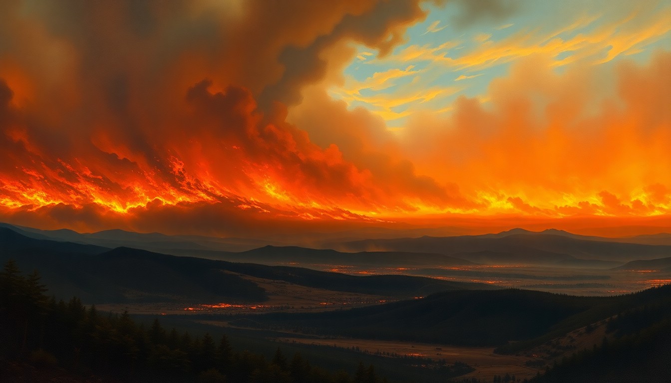 A vast, majestic landscape painting in muted earth tones, with a raging wildfire in the distance obscuring the horizon in a swirling haze of smoke and flames, conceptually representing the overwhelming power of nature and the threat of climate change-driven disasters.