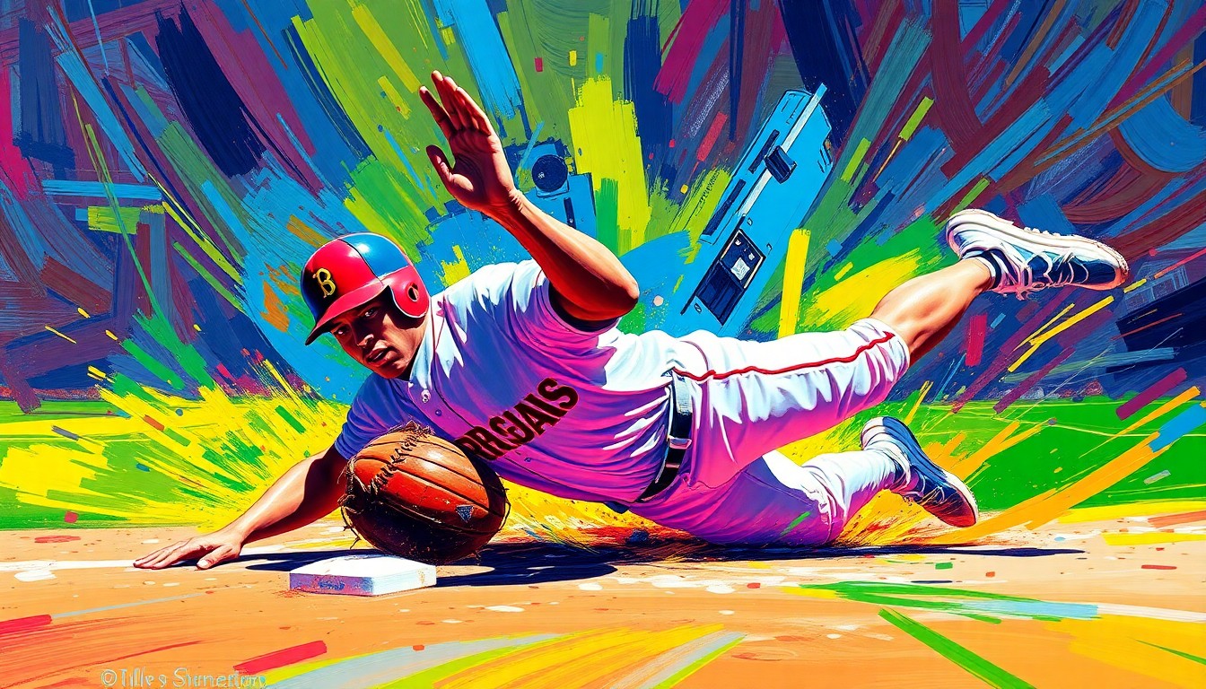 An abstract expressionist painting using vibrant neon colors and rapid brushstrokes to depict the dynamic motion of a baseball player sliding headfirst into a base, capturing the raw athleticism and speed of the record-breaking stolen base milestone.